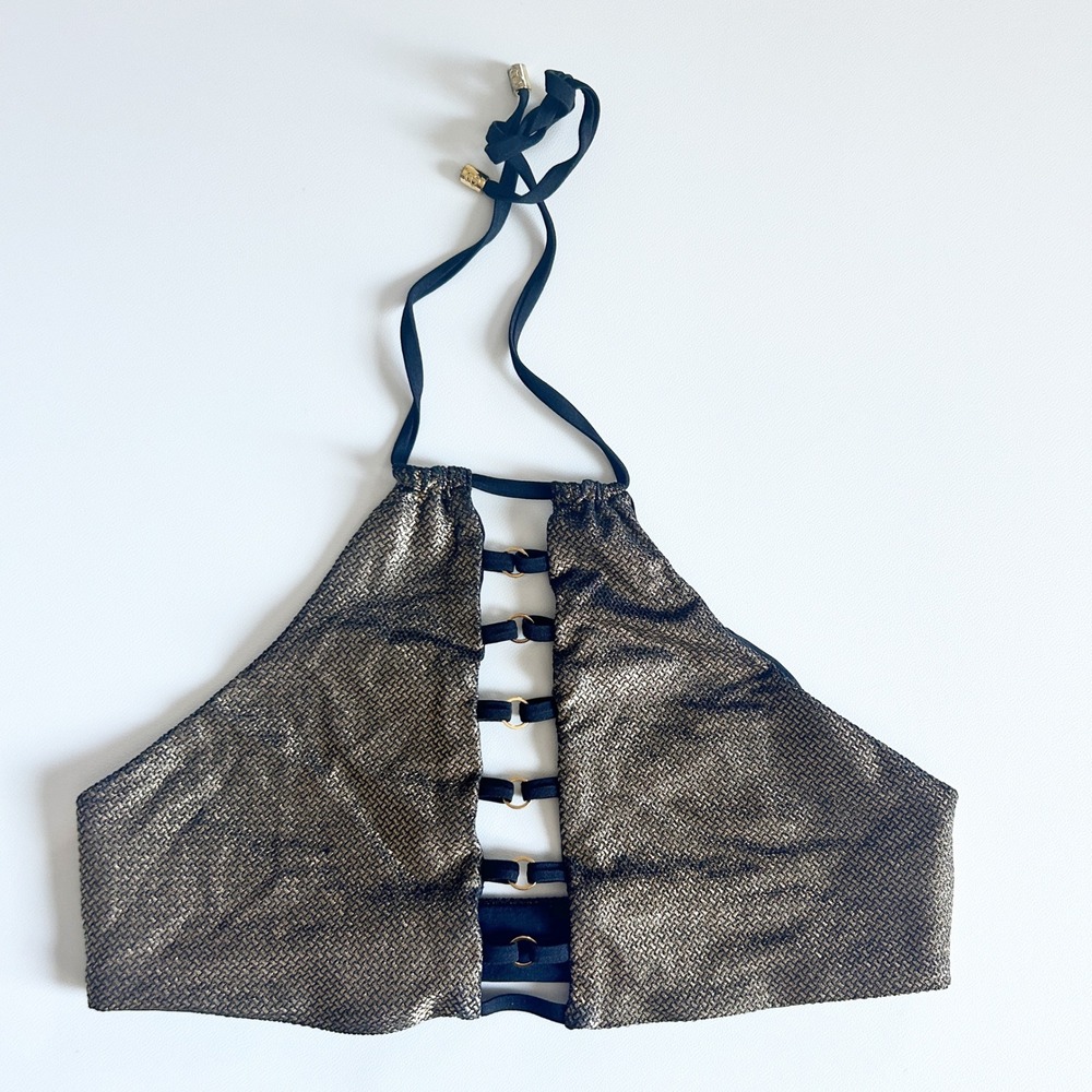 Beach Bunny Womens Fools‎ Gold Metallic High Neck Cutout Bikini Swim Top Size M